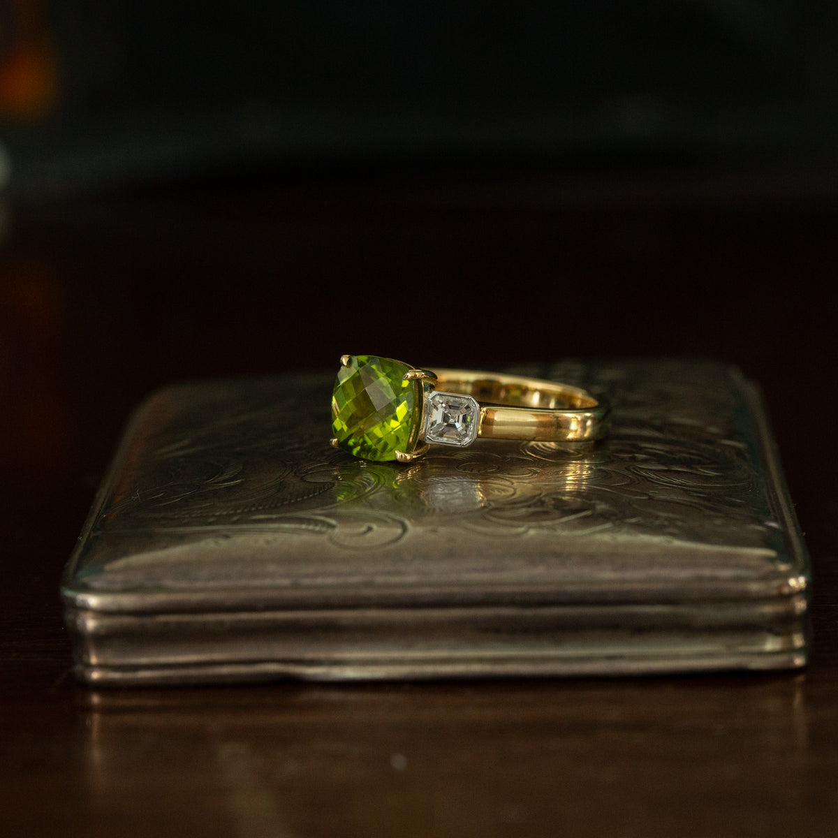 Peridot and Diamond Three Stone Ring
