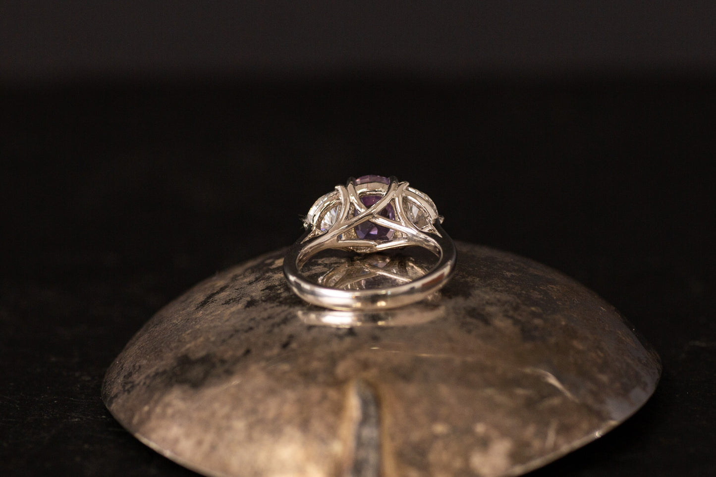 Platinum Natural Purple Sapphire & Half Moon Diamond Three Stone Ring — view 3