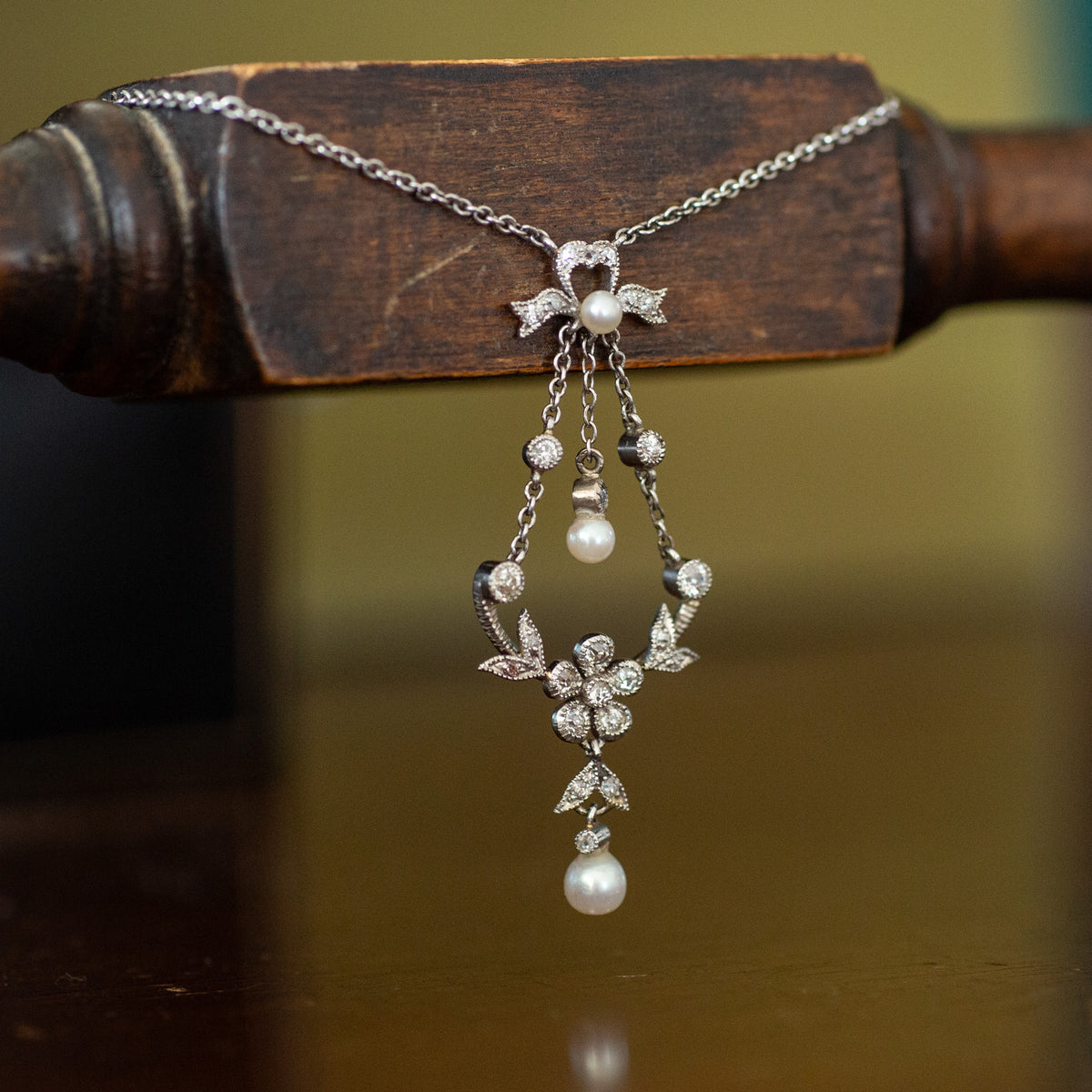 Antique Platinum, Pearl and Diamond Drop Necklace