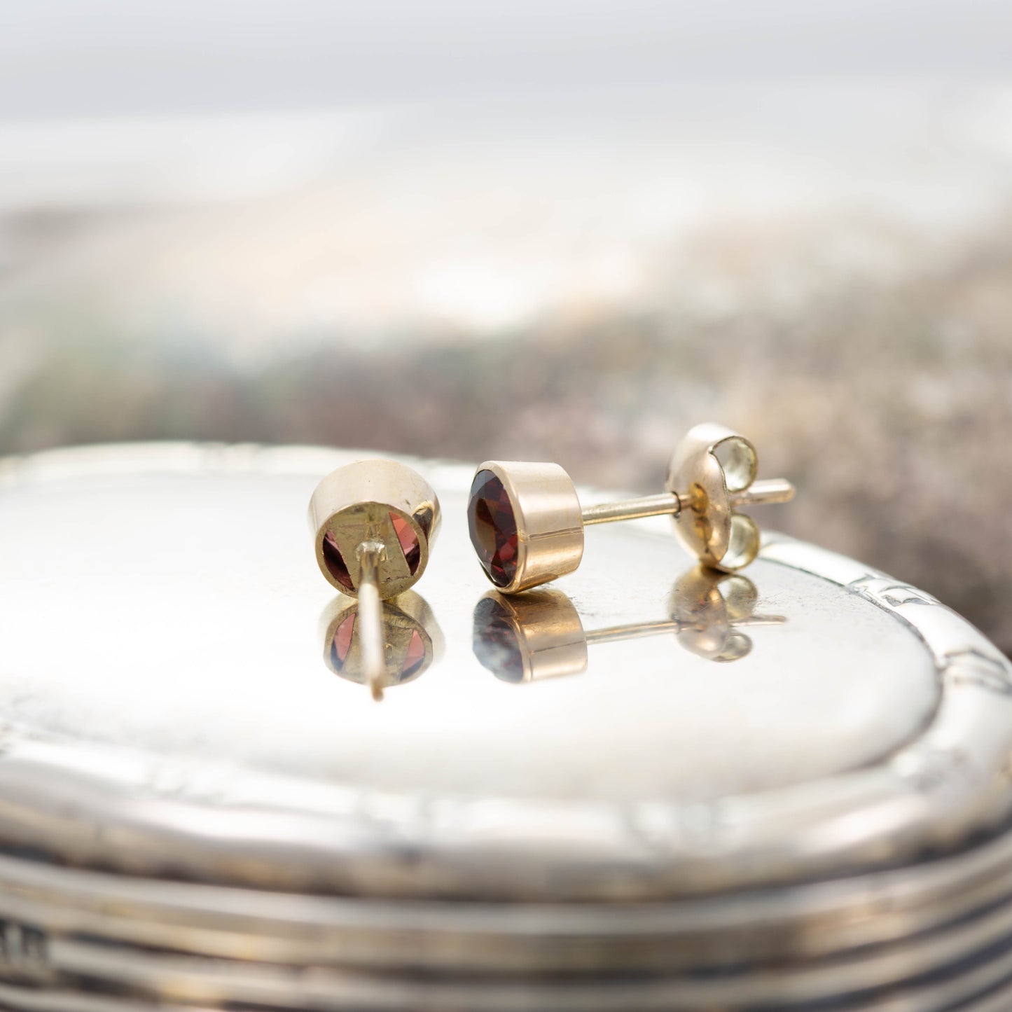 Yellow Gold Garnet Stud Earrings — view 5