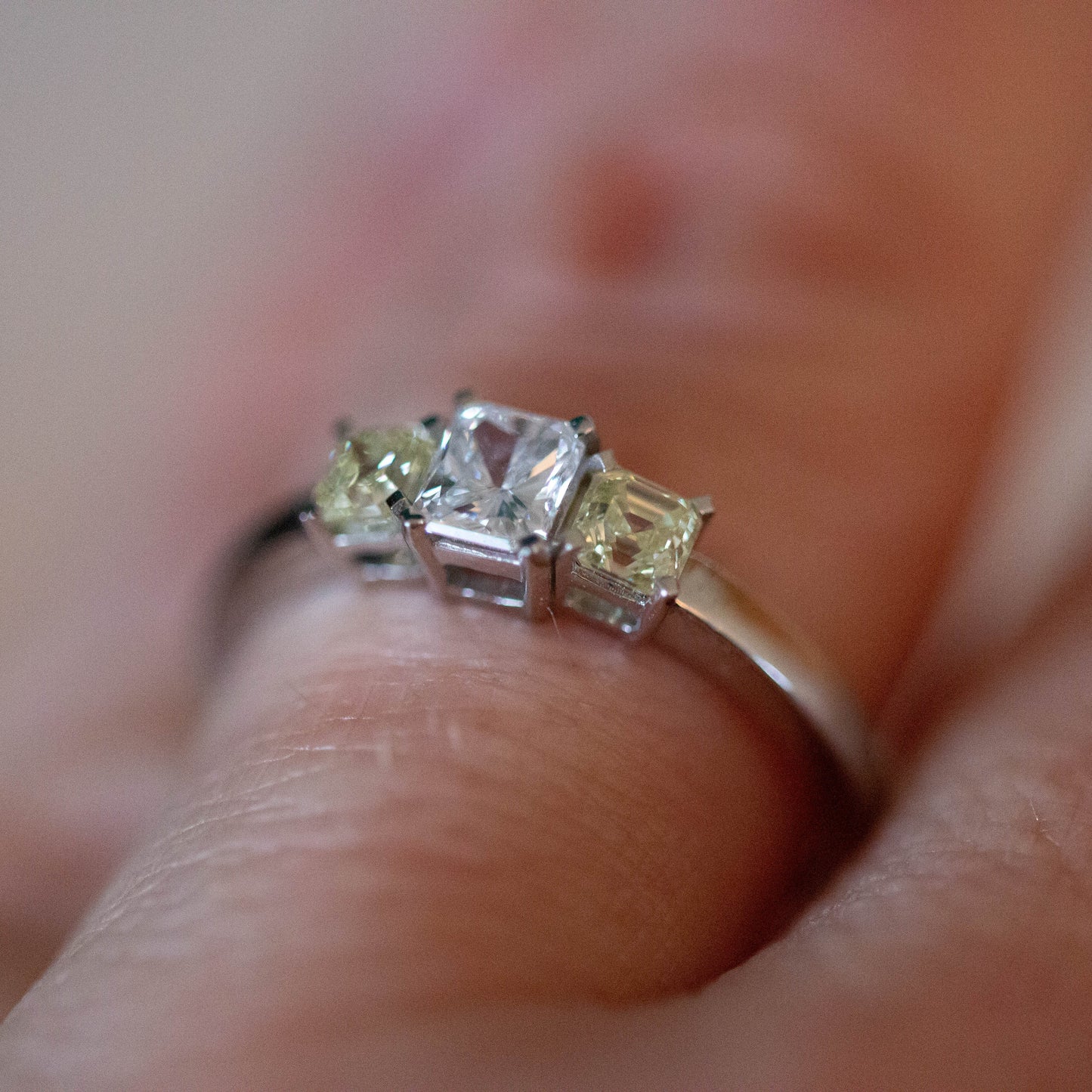 White and Yellow Diamond Three Stone Ring — view 6