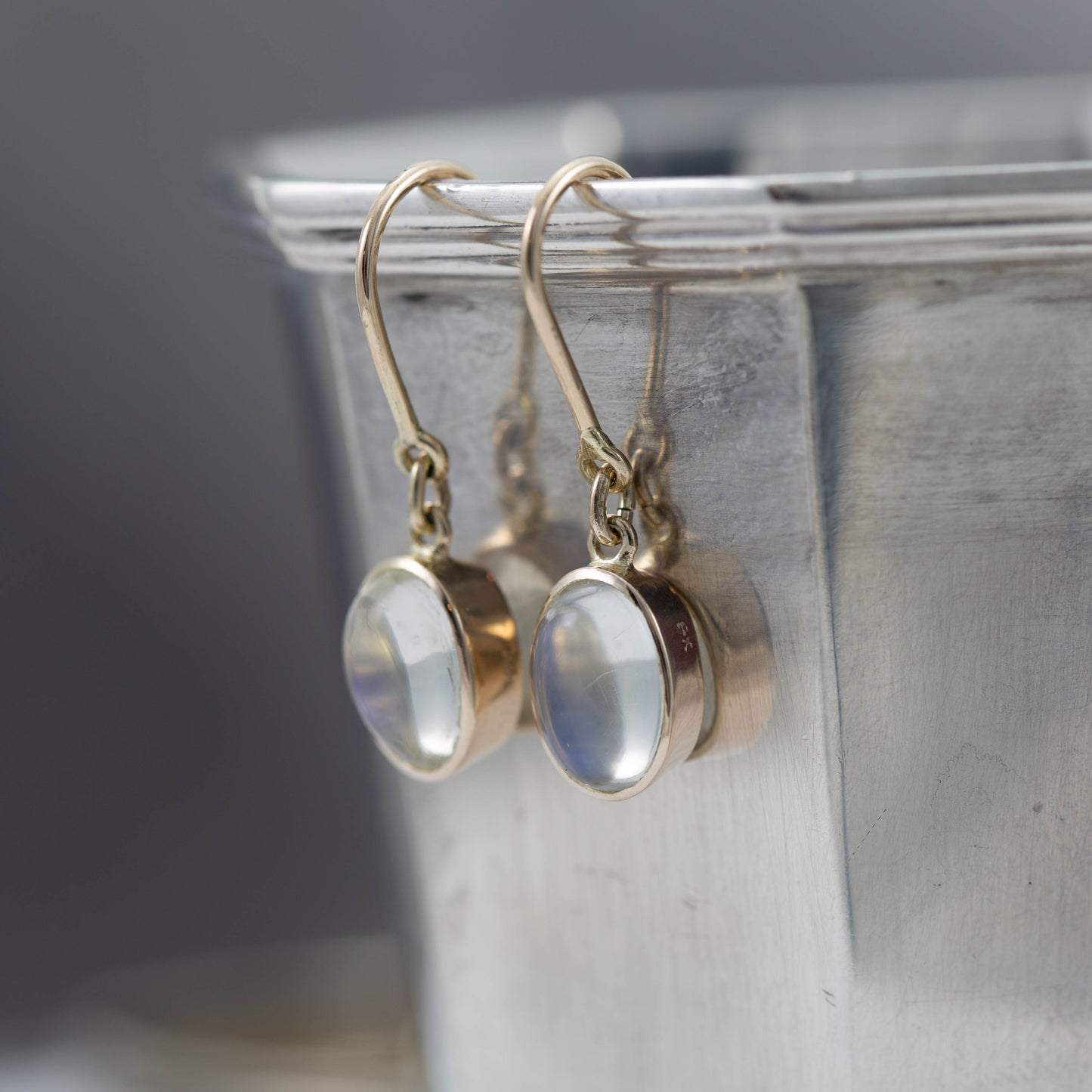 Yellow Gold Moonstone Shepherds Hook Earrings — view 3