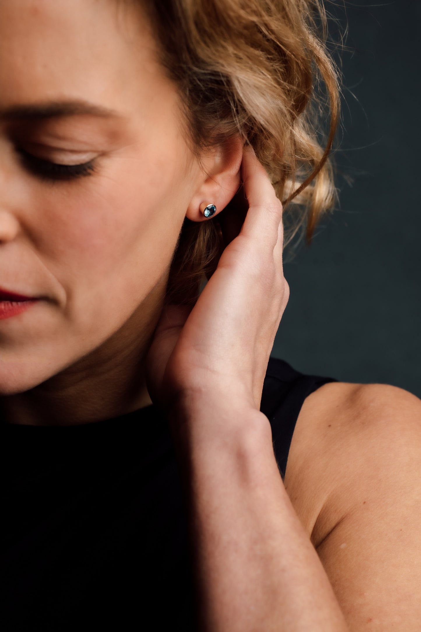Yellow Gold Blue Topaz Stud Earrings — view 4