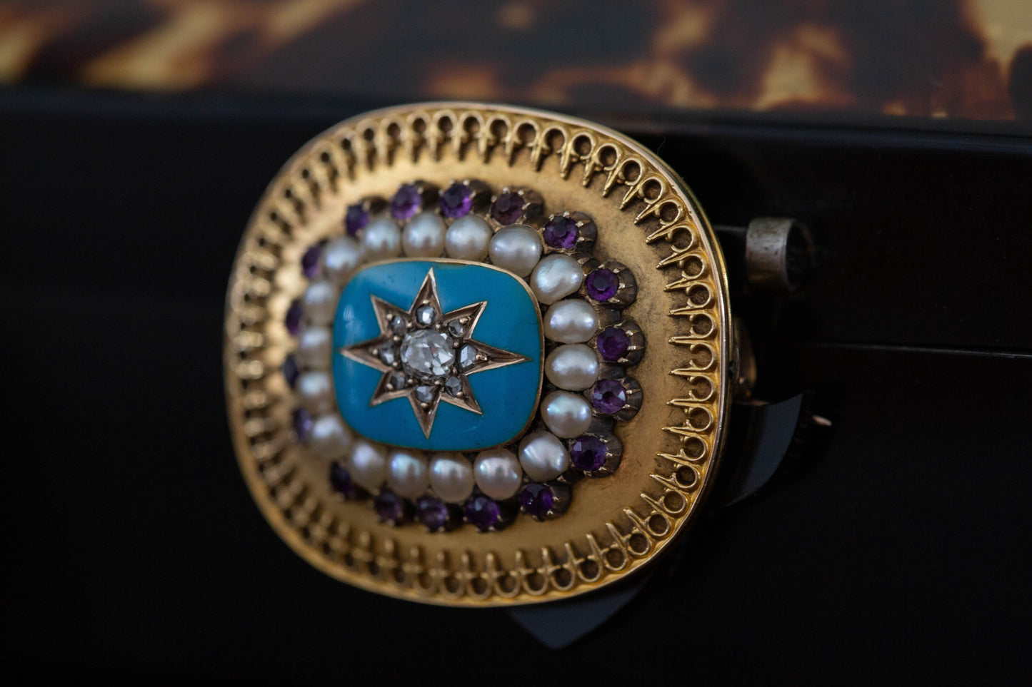 Edwardian Diamond, Pearl, Amethyst and Enamel Brooch — view 3