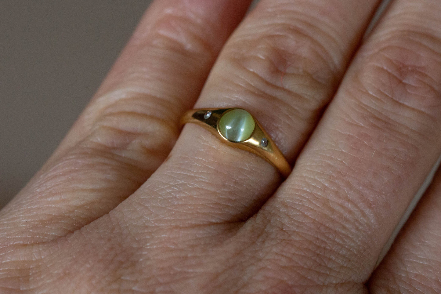 Catseye and Diamond Three Stone Ring — view 6