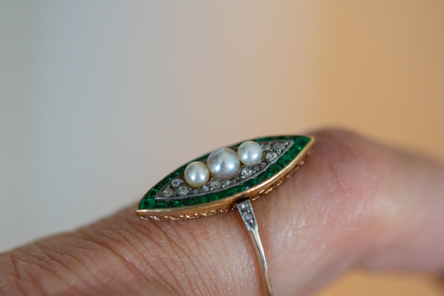 Art Deco Marquise Emerald, Diamond and Pearl Ring