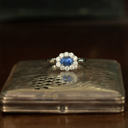 Oval Horizontal Blue Sapphire and Diamond Cluster Ring