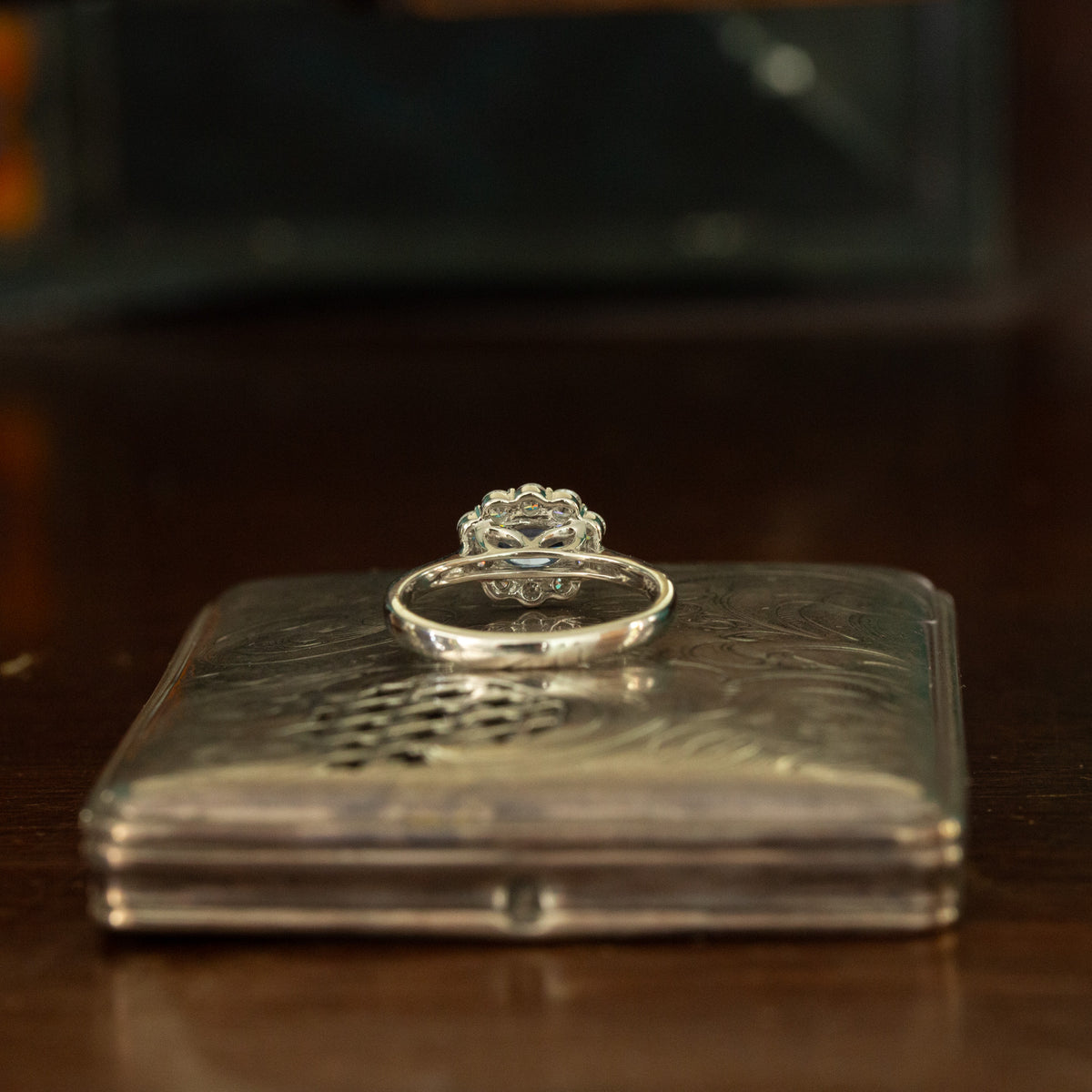 Oval Horizontal Blue Sapphire and Diamond Cluster Ring