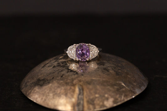 Platinum Natural Purple Sapphire & Half Moon Diamond Three Stone Ring