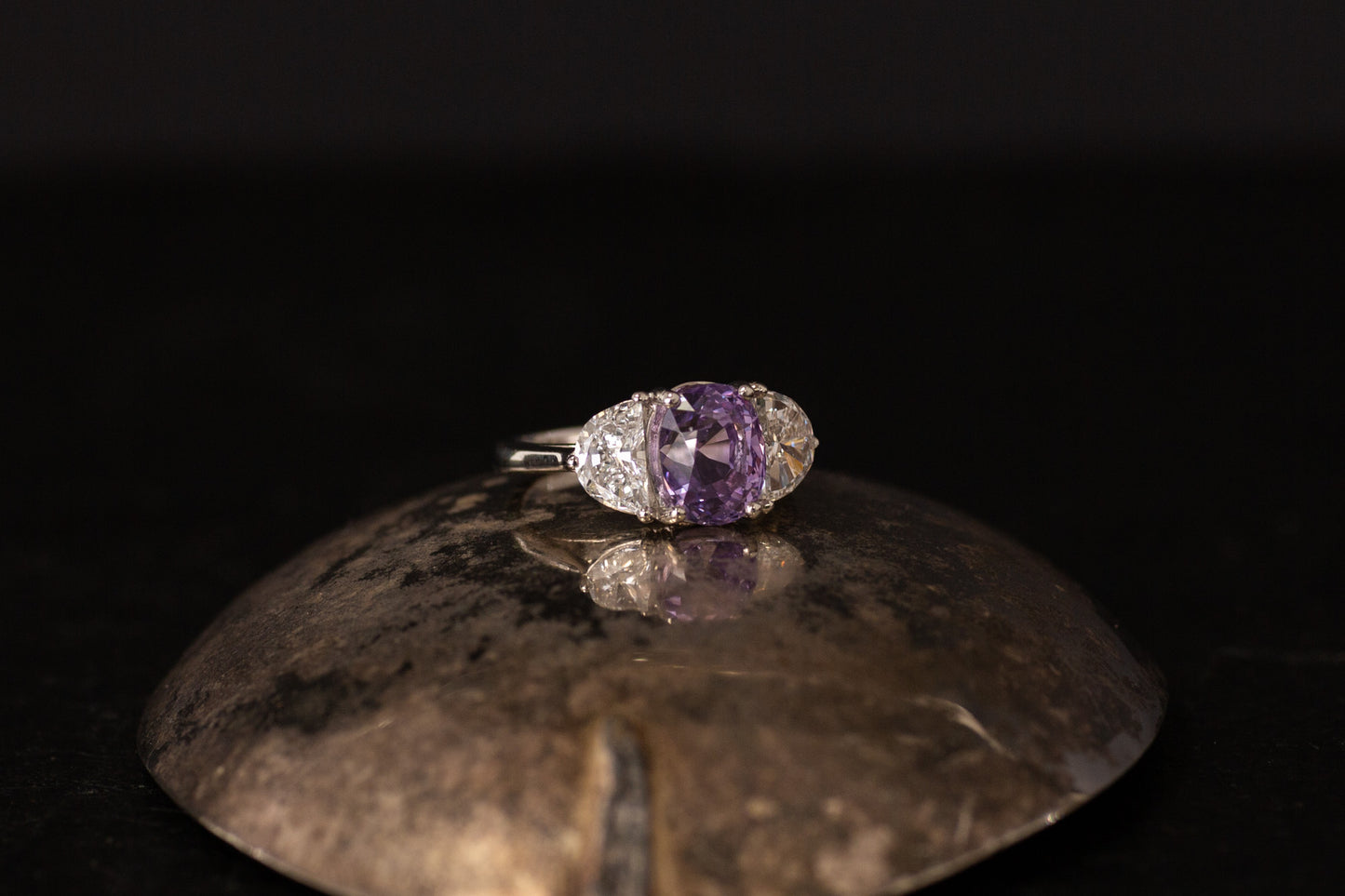 Platinum Natural Purple Sapphire & Half Moon Diamond Three Stone Ring — view 2