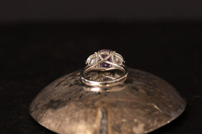 Platinum Natural Purple Sapphire & Half Moon Diamond Three Stone Ring — view 3
