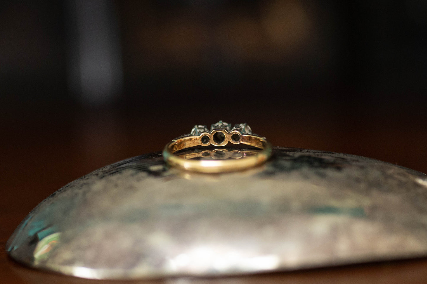 18ct Yellow Gold & Platinum Antique Diamond Three Stone Ring — view 4