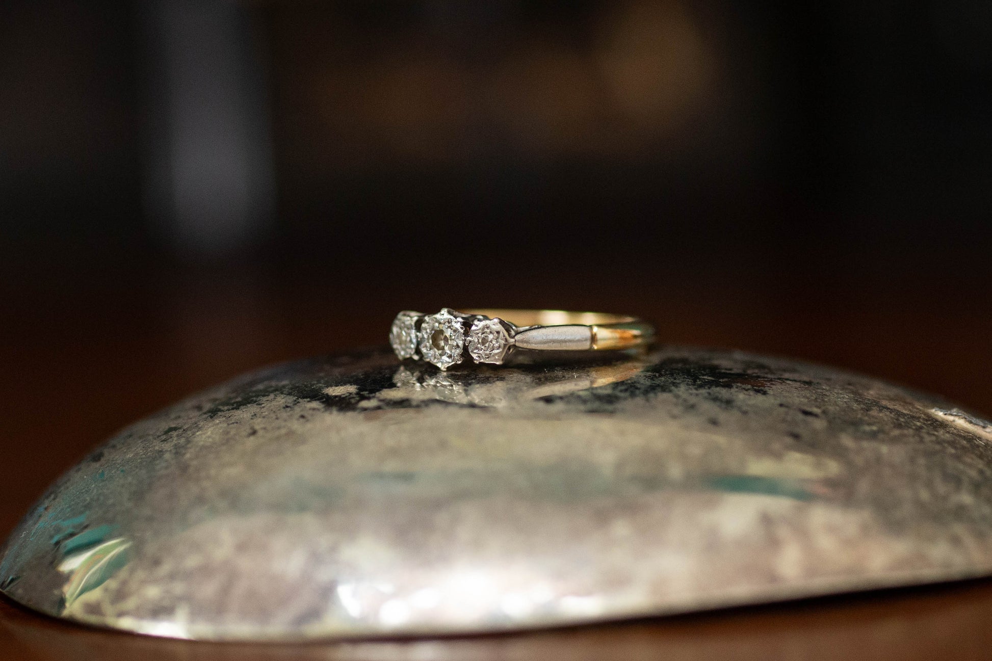 18ct Yellow Gold & Platinum Antique Diamond Three Stone Ring — view 2