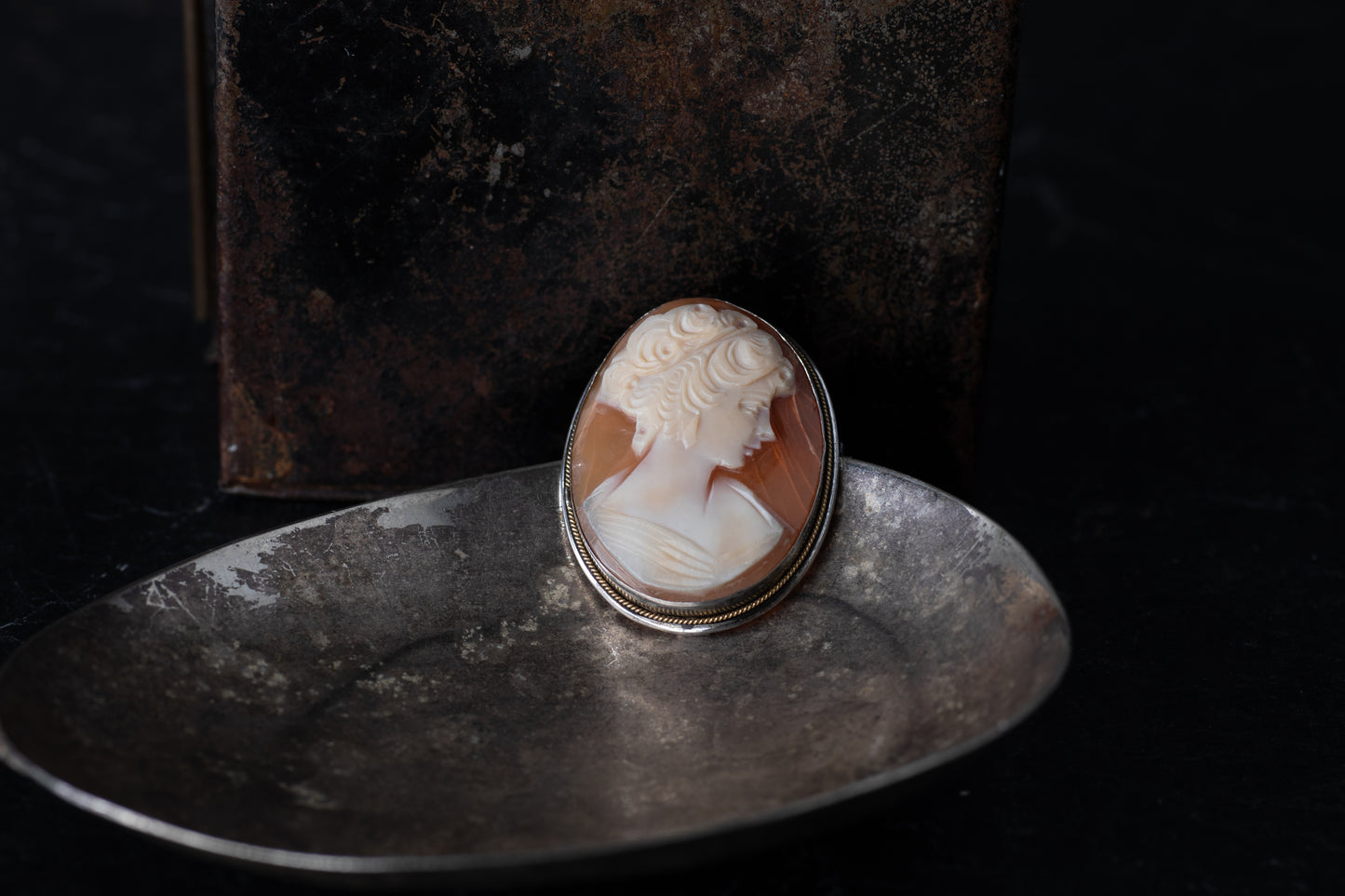 Oval vintage mother of pearl cameo brooch featuring a female profile rub-over set in silver on a dark metallic dish.