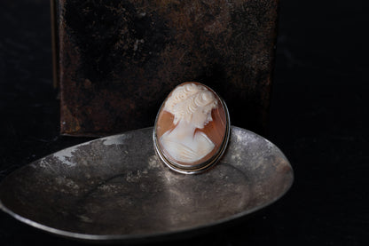 Oval vintage mother of pearl cameo brooch featuring a female profile rub-over set in silver on a dark metallic dish.