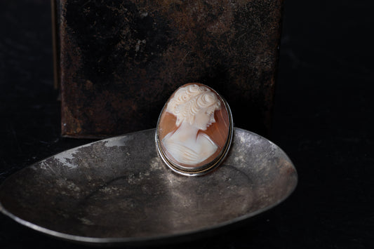 Oval vintage mother of pearl cameo brooch featuring a female profile rub-over set in silver on a dark metallic dish.