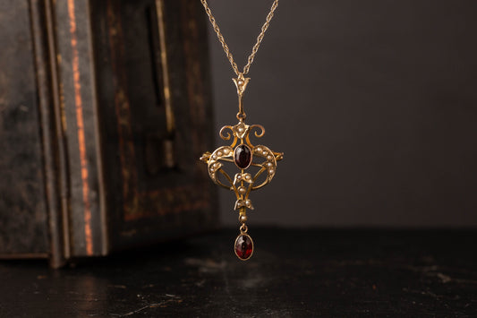 9ct Yellow Gold Victorian Garnet & Seed Pearl Pendant