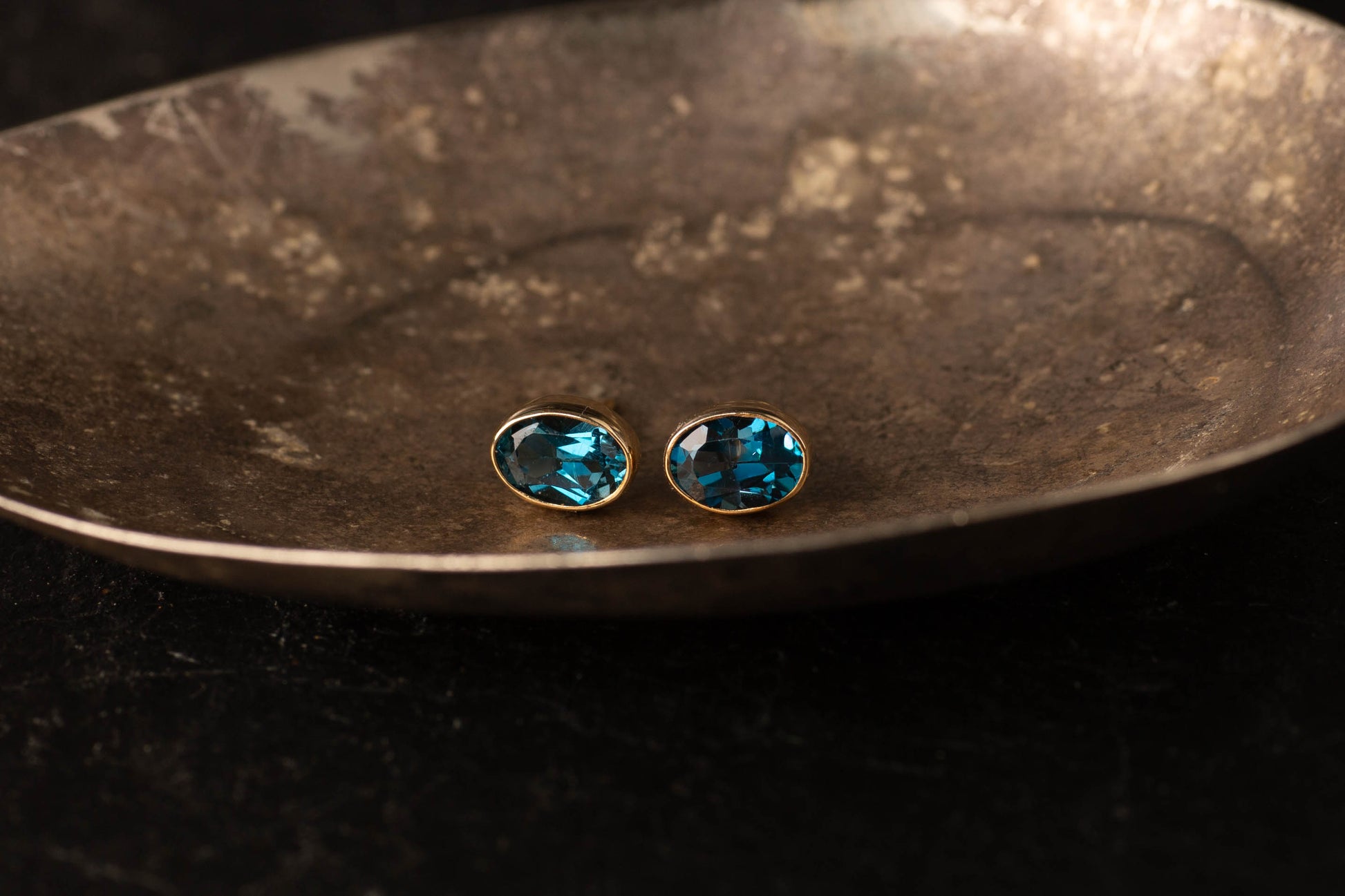 9ct Yellow Gold Oval Blue Topaz Stud Earrings — view 3