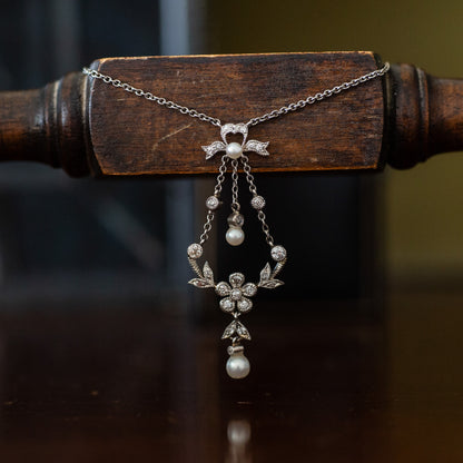 Antique Platinum, Pearl and Diamond Drop Necklace