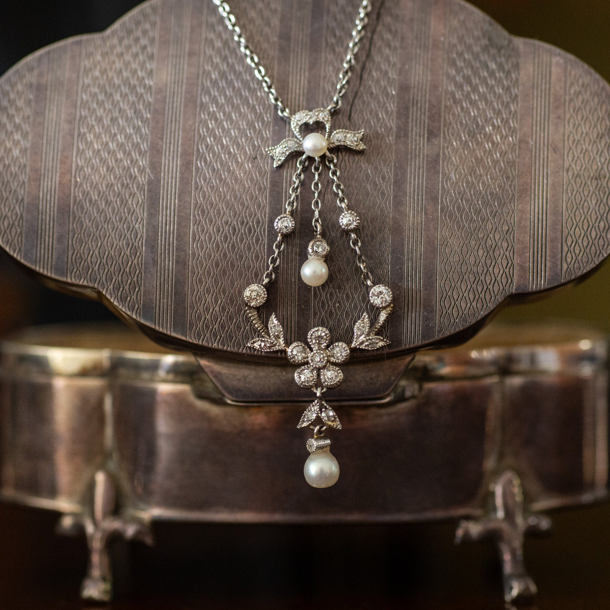 Antique Platinum, Pearl and Diamond Drop Necklace