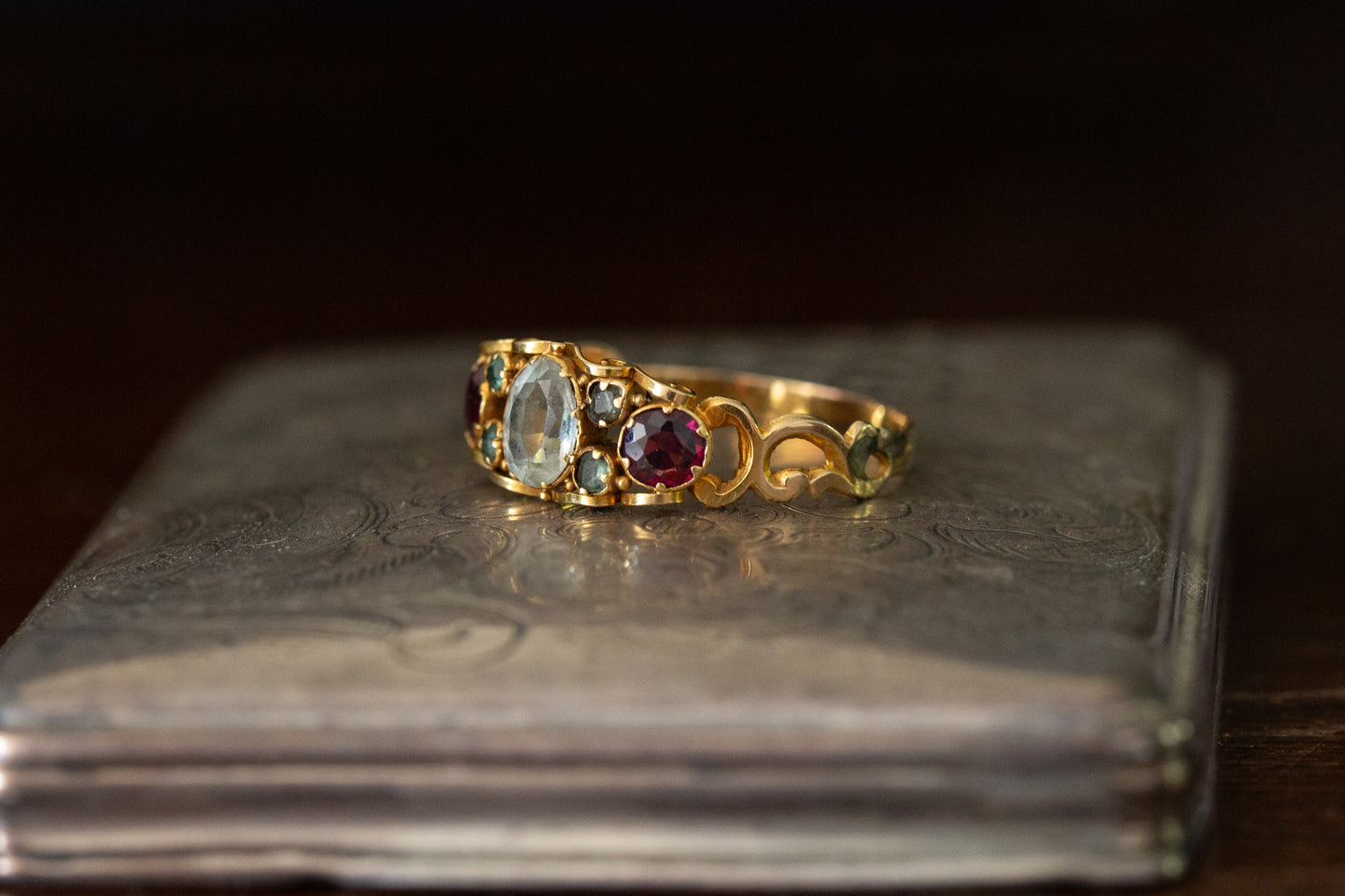 Antique Aquamarine, Tourmaline and Garnet Dress Ring