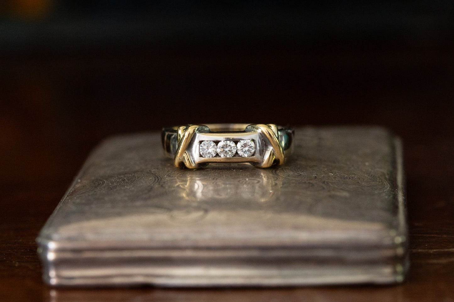 Two Tone Gold Diamond Three Stone Ring