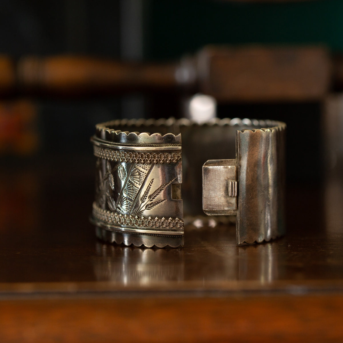 Broad Patterned Silver Bangle