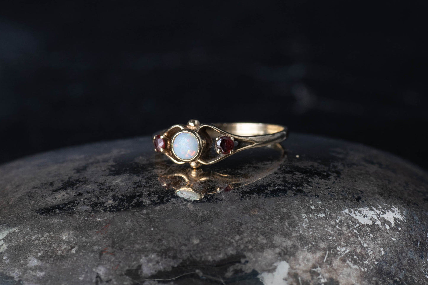 Opal and Garnet Three Stone Ring — view 2