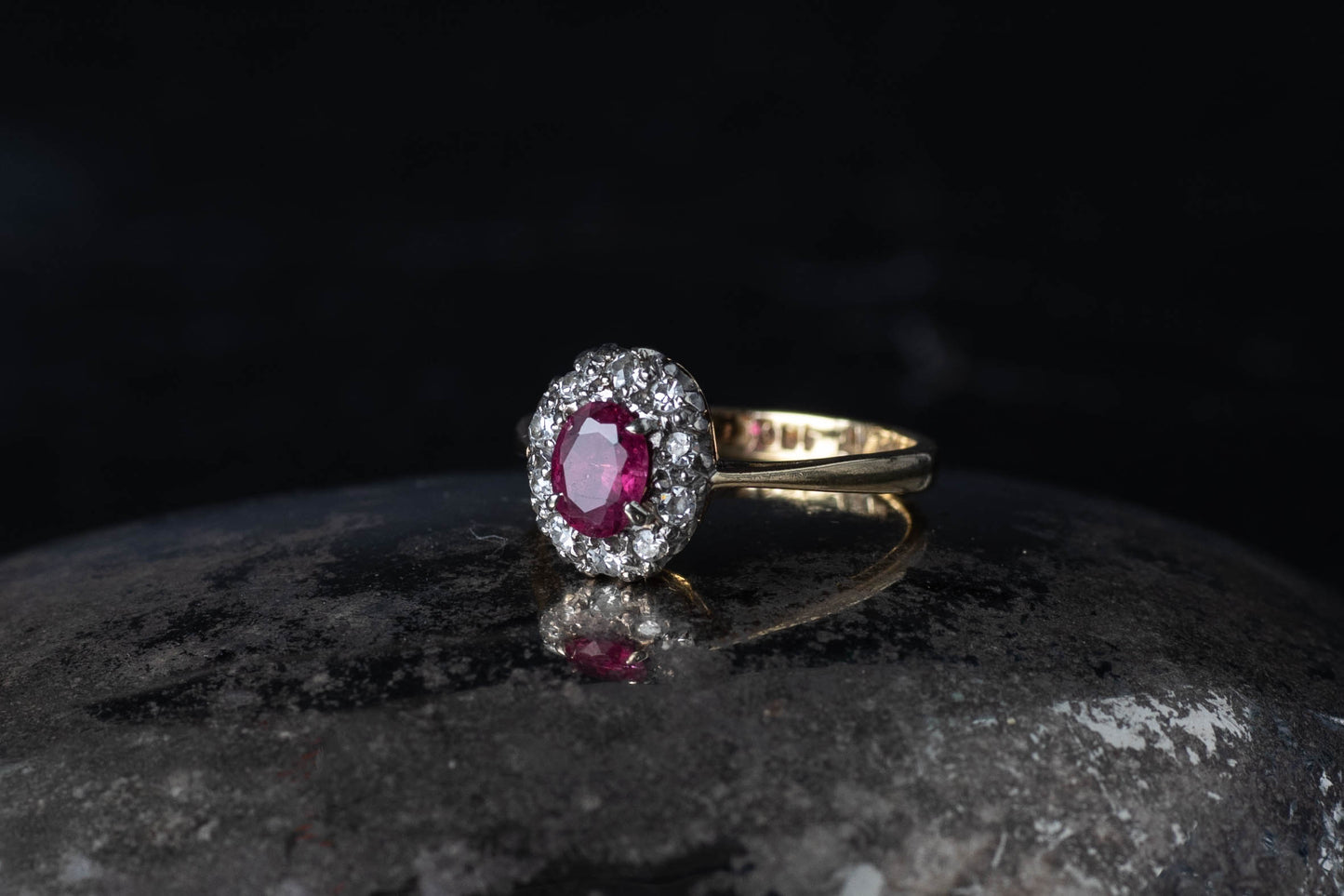 Antique Oval Ruby and Diamond Cluster Ring — view 2