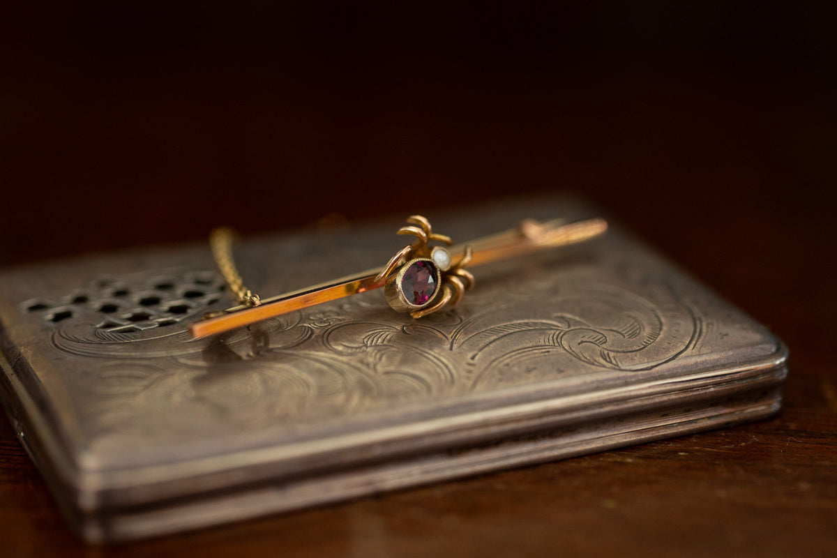 Antique Garnet and Seed Pearl Set Spider Brooch