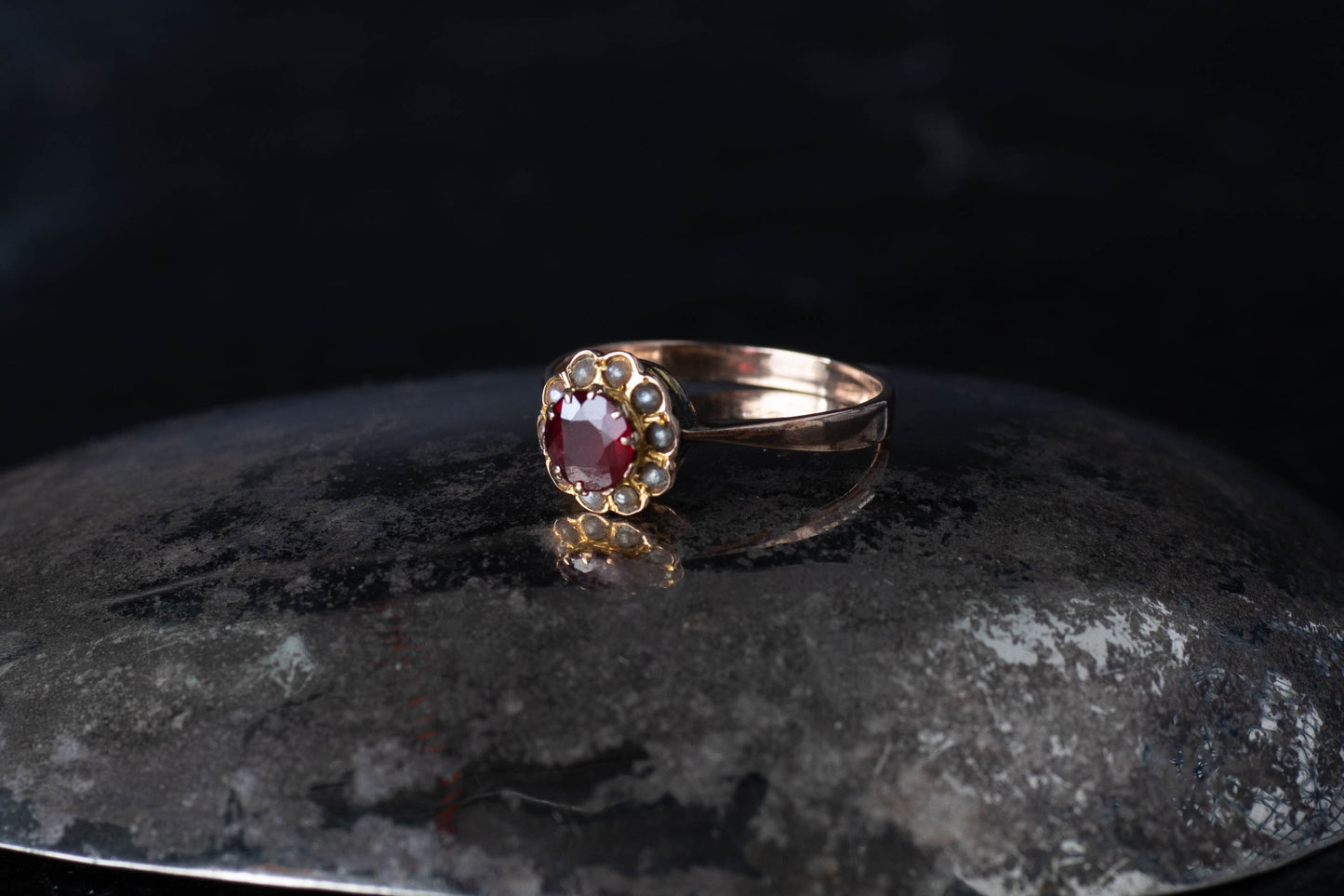 Paste Ruby and Seed Pearl Cluster Ring — view 2