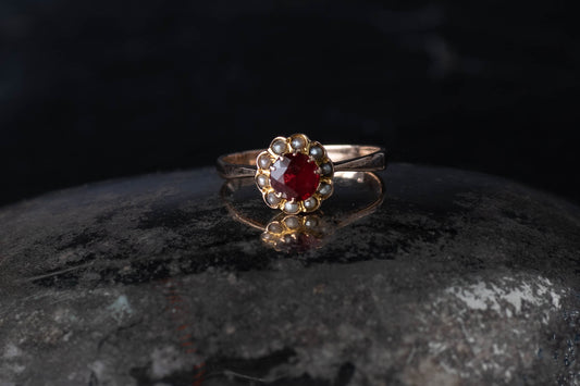 Paste Ruby and Seed Pearl Cluster Ring