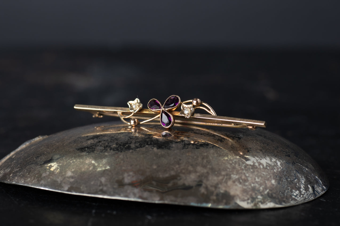 Amethyst and Seed Pearl Bar Brooch — view 3