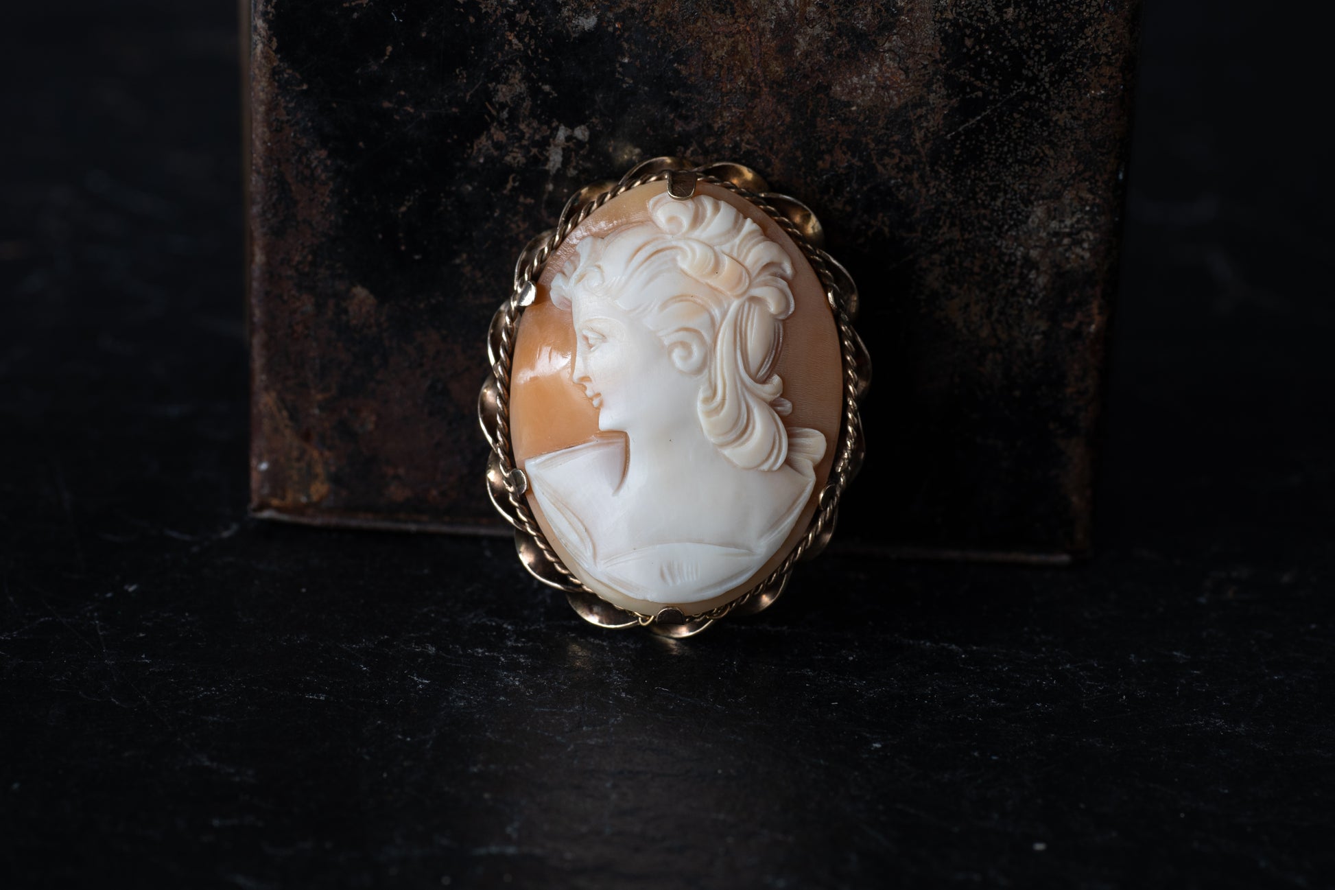 Vintage cameo brooch featuring a carved Mother of Pearl profile set in a 12ct rolled gold twisted wire frame.