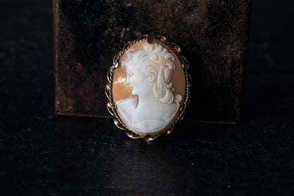 Vintage cameo brooch featuring a carved Mother of Pearl profile set in a 12ct rolled gold twisted wire frame.