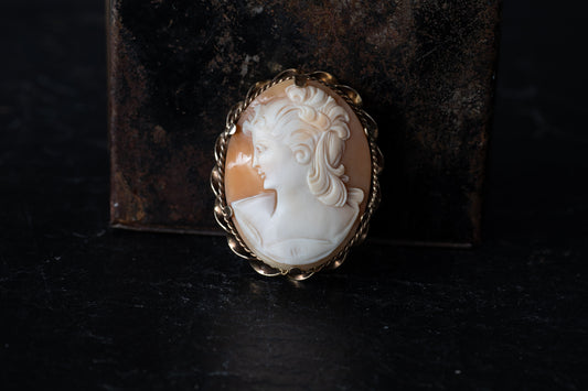 Vintage cameo brooch featuring a carved Mother of Pearl profile set in a 12ct rolled gold twisted wire frame.