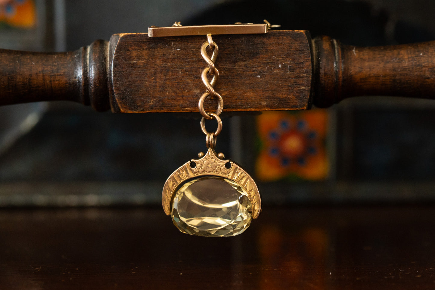 Victorian Bar Brooch with Revolving Citrine Fob Drop