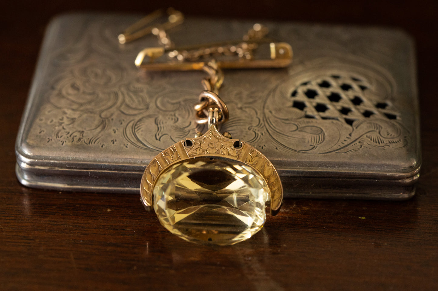 Victorian Bar Brooch with Revolving Citrine Fob Drop