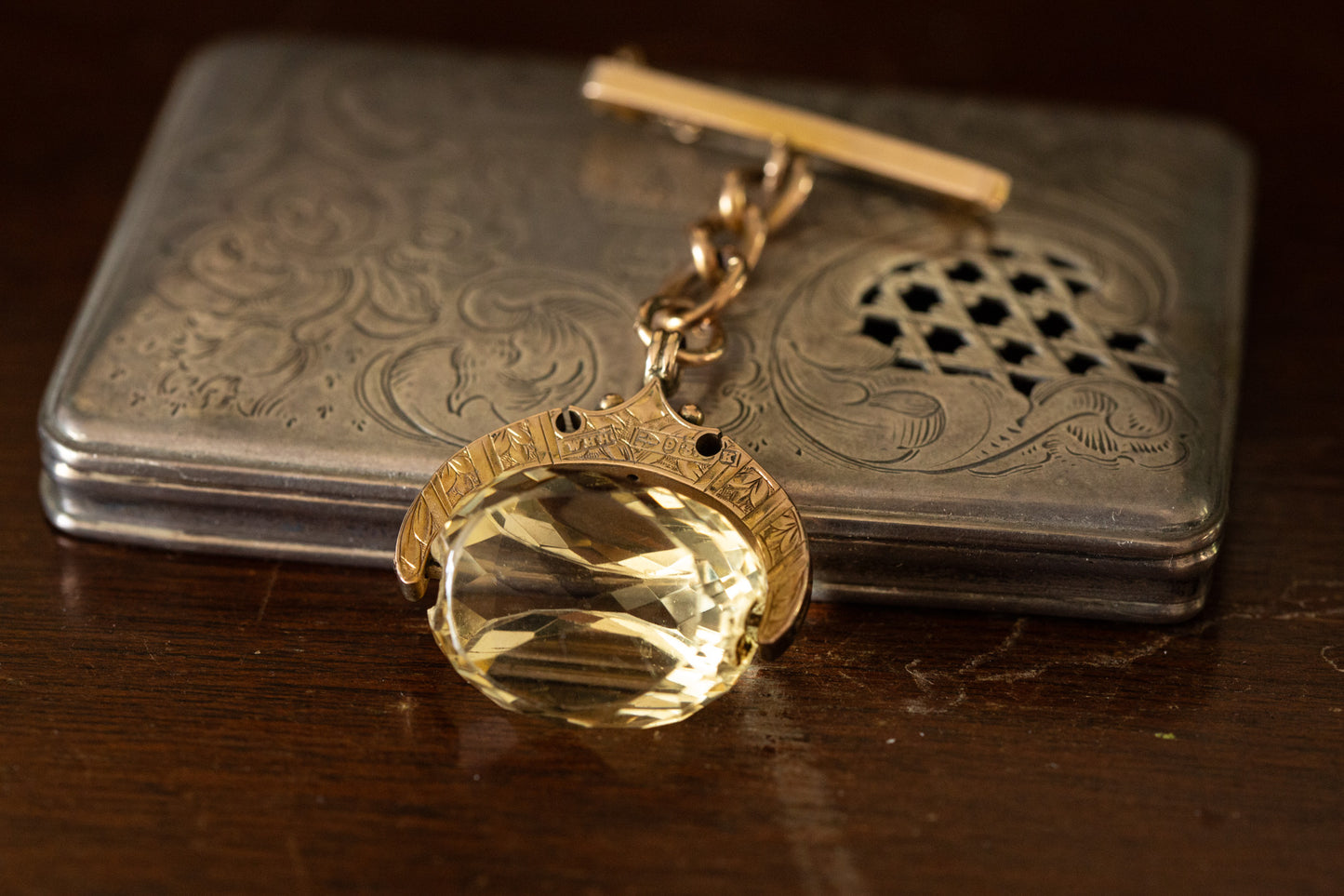 Victorian Bar Brooch with Revolving Citrine Fob Drop