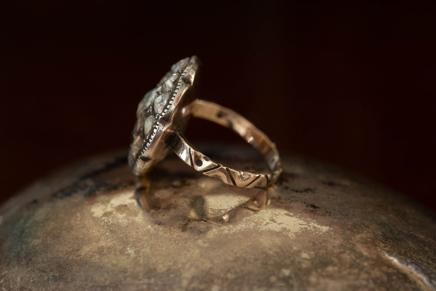 Large Circular Rose Cut Diamond Cluster Ring — view 3