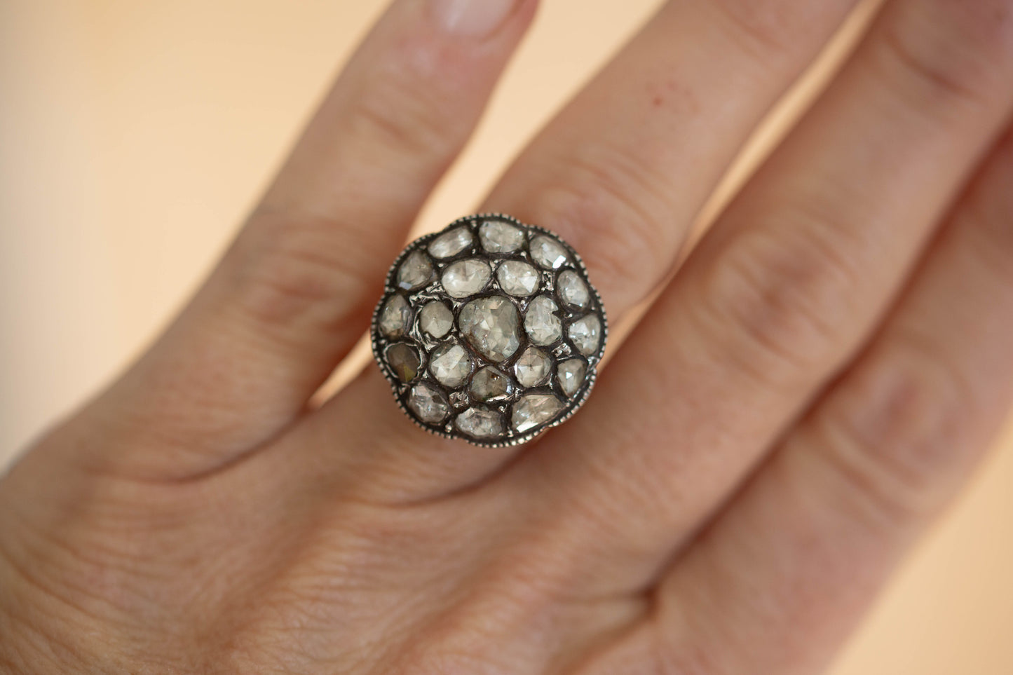 Large Circular Rose Cut Diamond Cluster Ring — view 4
