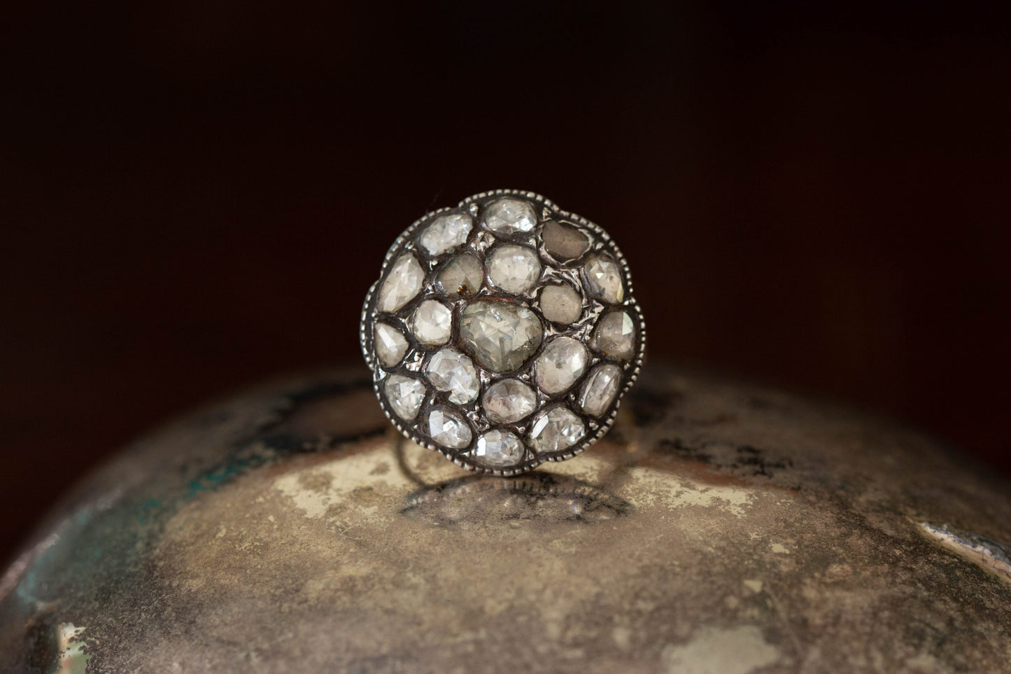 Large Circular Rose Cut Diamond Cluster Ring — view 2
