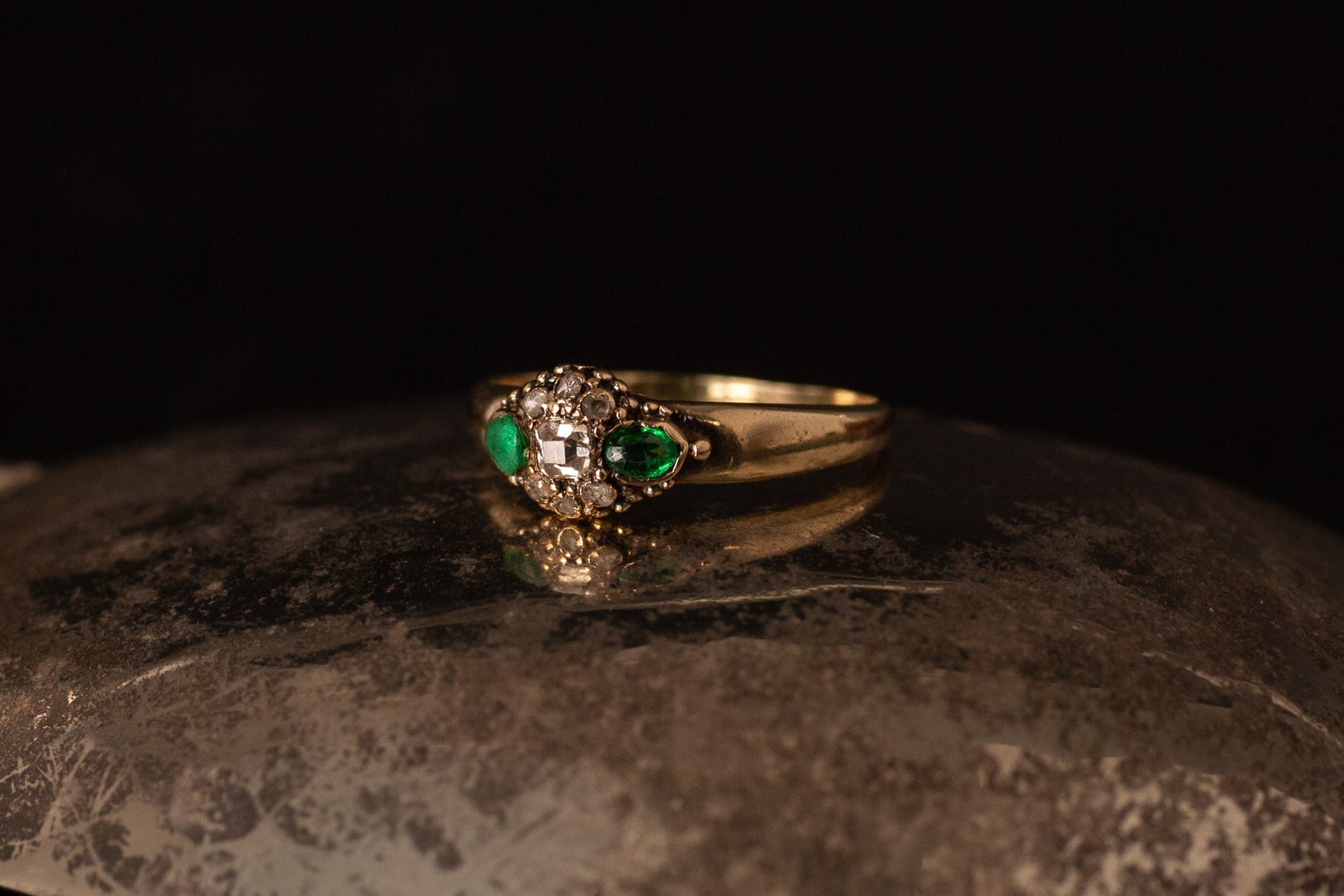 Antique Emerald and Diamond Cluster Ring — view 2