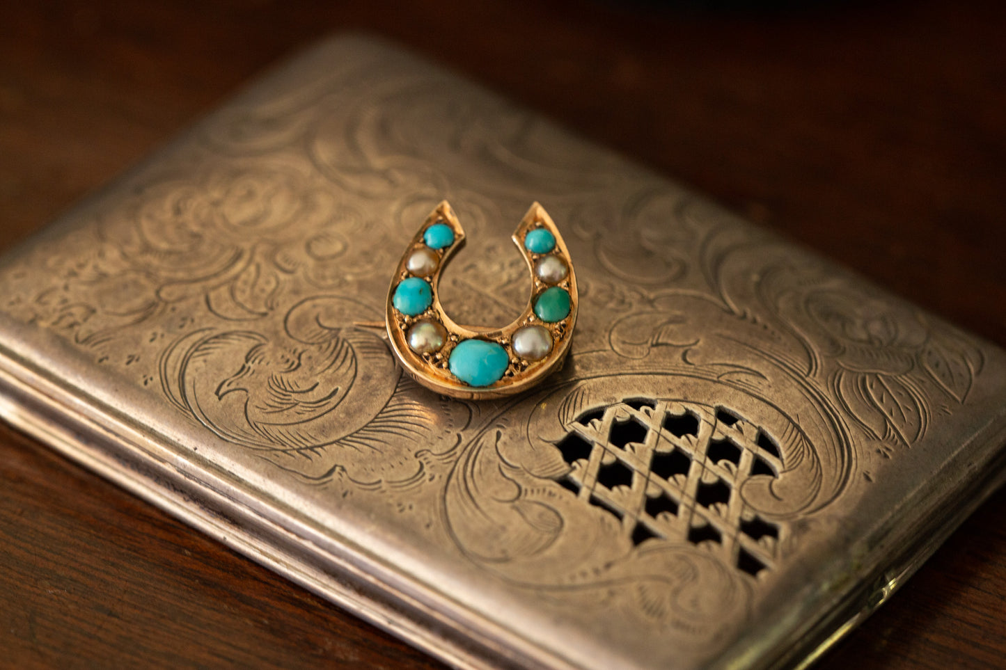 Edwardian Turquoise and Diamond Horseshoe Brooch