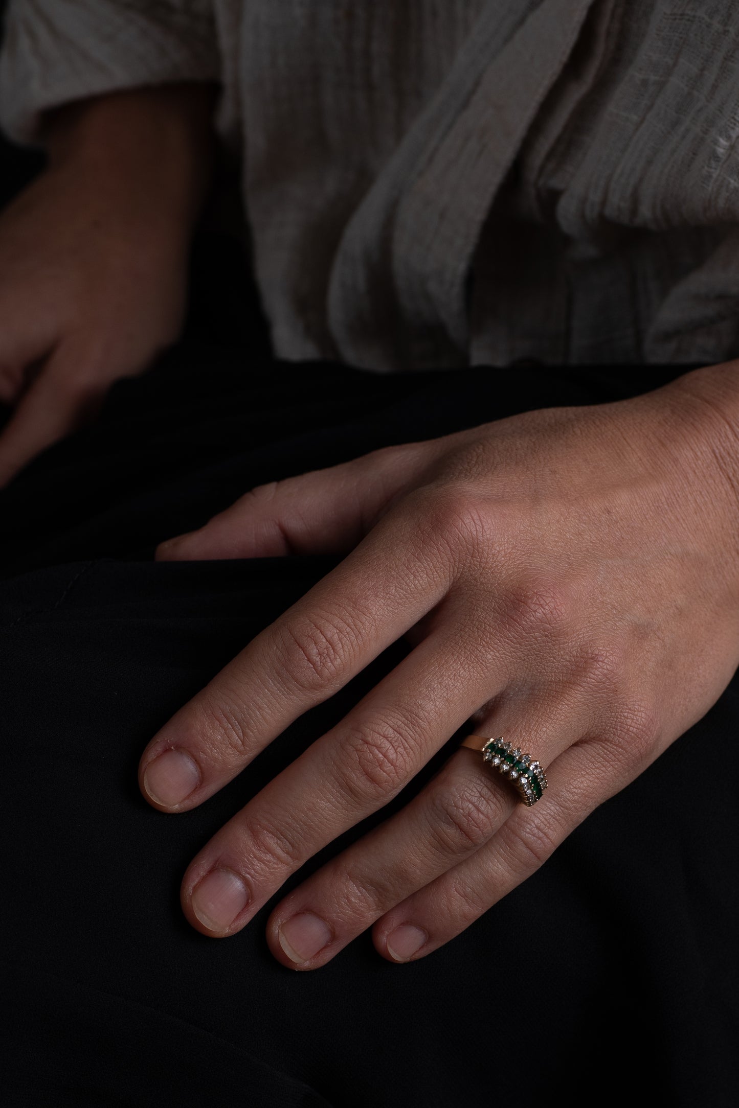Emerald and Diamond Triple Row Dress Ring — view 4