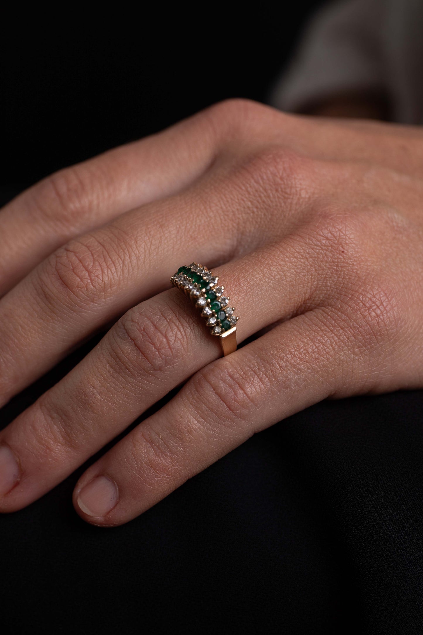 Emerald and Diamond Triple Row Dress Ring — view 2