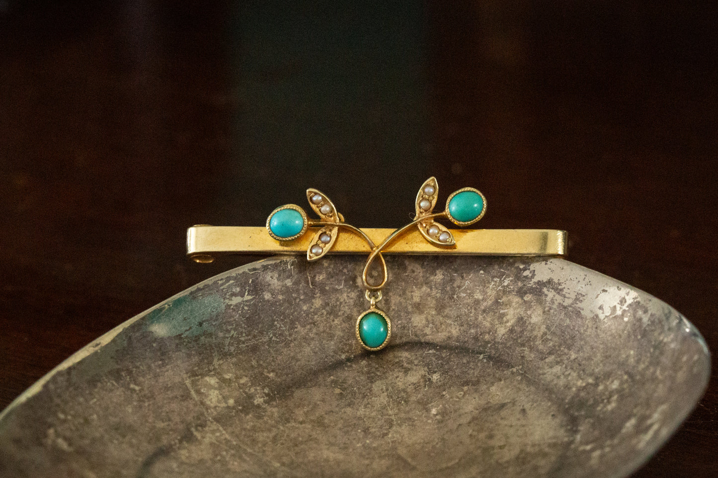 Victorian Turquoise and Pearl Bar Brooch — view 2