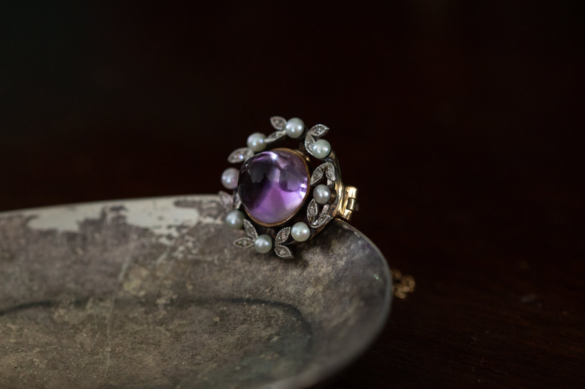 Antique Cabochon Amethyst, Rose Cut Diamond and Seed Pearl Brooch — view 3