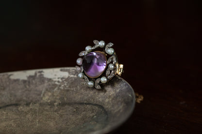 Antique Cabochon Amethyst, Rose Cut Diamond and Seed Pearl Brooch — view 3