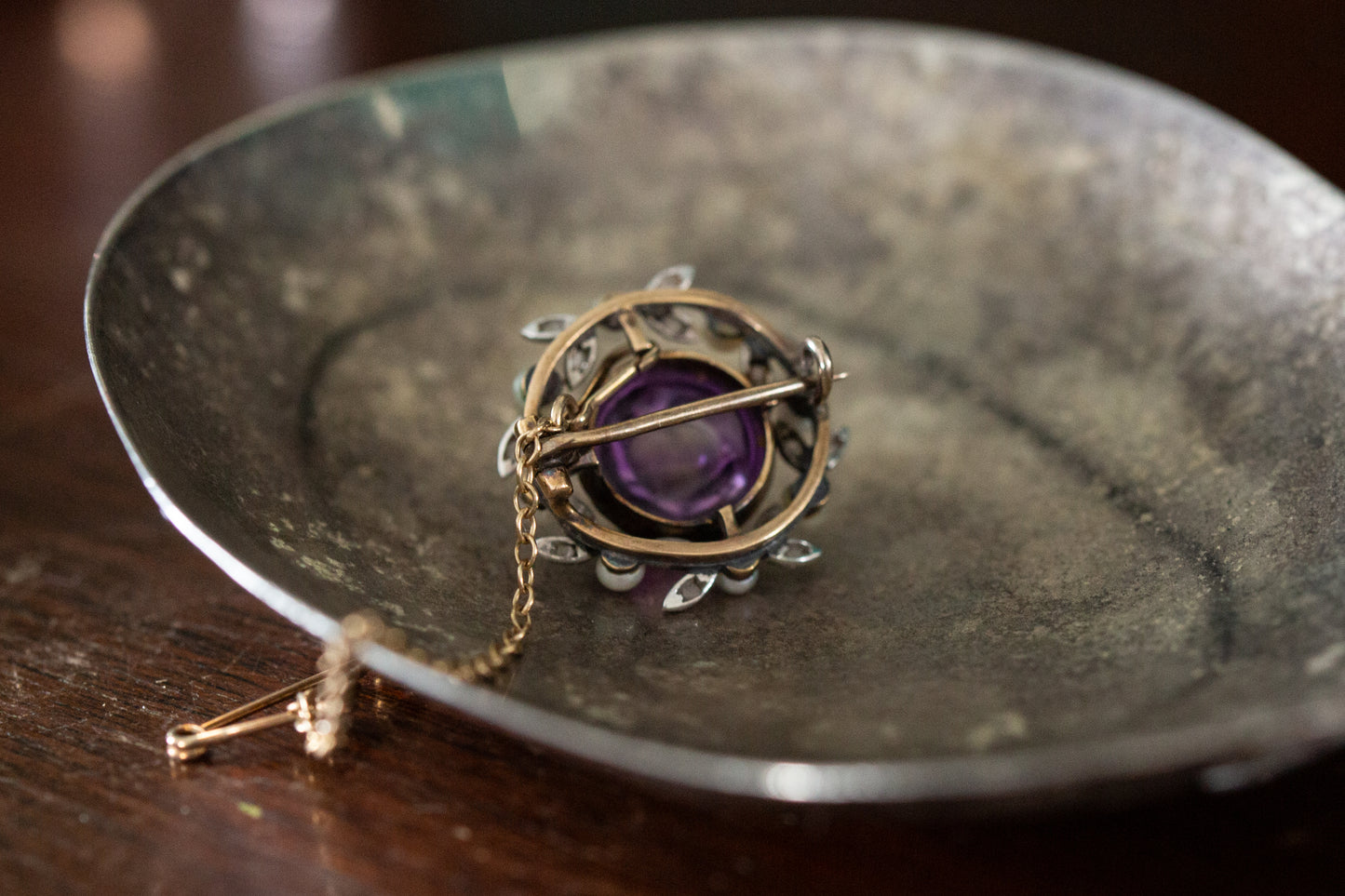 Antique Cabochon Amethyst, Rose Cut Diamond and Seed Pearl Brooch — view 4